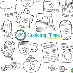 Pacote de carimbo digital Cooking Time - Clipart de cozinha / Clipart de cozinha / Clipart de chef / Flor / Doodles de cozinha / Assar / Receita para imprimir