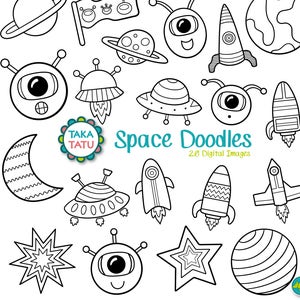 Weltraum Doodles Digitaler Stempel - schwarz weiß Clipart / Kinder Clipart / Alien Clipart / druckbare für Kinder / Alien Clip Art