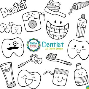 Carimbo digital de dentista - Clip Art de dentista / Clipart em preto e branco / Arte de linha de dentista / Dentista Kawaii / Dentista fofo / Dente / Escova de dentes