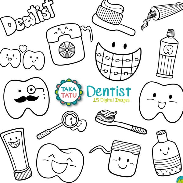 Dentist Digital Stamp - Dentist Clip Art / Black and White Clipart / Dentist Line Art / Kawaii Dentist / Cute Dentist / Tooth / Toothbrush