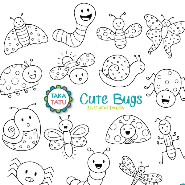 Cute Bugs Digital Stamp - Cute Bugs Clip Art / Kawaii Bugs / Garden Bugs / Kawaii Bug Clip Art / Kids Clip Art / Bugs Printable / Line Art