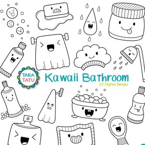 Kawaii Bathroom Digital Stamp - Kawaii Bathroom Clipart / Kids Clip Art / Shower Clipart / Bathtub Clip Art / Bathroom Doodles / Download