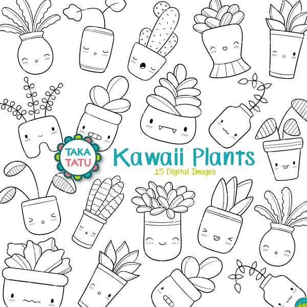 Kawaii Plants Clipart - Cute Plants Digital Stamp / Cute Faces / Kawaii Botanical / Leafs / Cute Plant Vases Printable Line Art / Plant Pot
