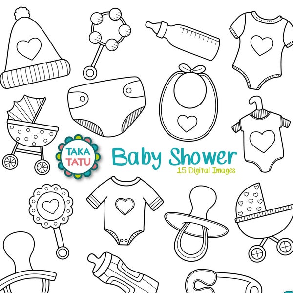 Baby Shower Digital Stamp Pack - Black and White Clipart / Baby Clipart / Nursery Clipart / Kids Clipart / New Born Clipart / Baby Stamps