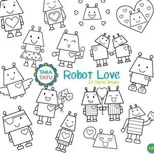 Pode incluir: Um conjunto de 15 imagens digitais em preto e branco com robôs expressando amor. Os robôs estão em várias poses, incluindo segurando corações, flores e balões. O texto "Robot Love" e "15 Digital Images" está incluído na imagem.