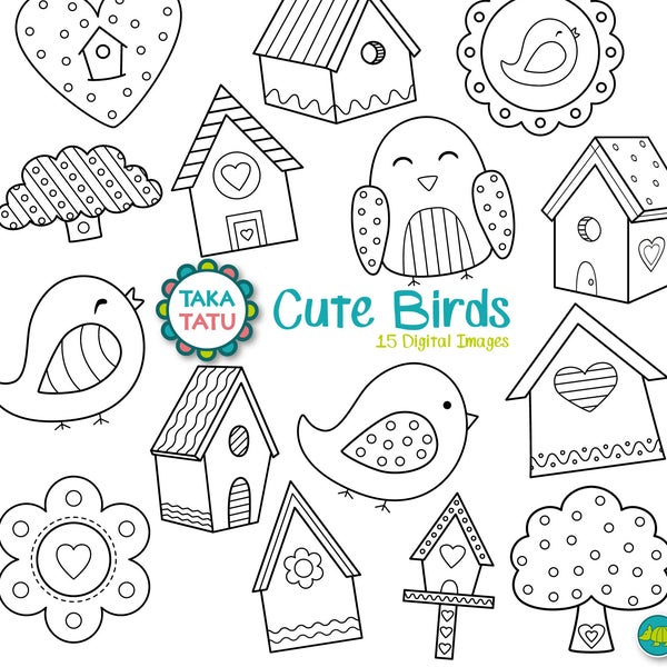 Cute Birds Digital Stamp Pack - Birdhouse Clip Art / Birds Clip Art / Birdhouse Clipart / Cute Digi Stamps / Printable  - Instant Download