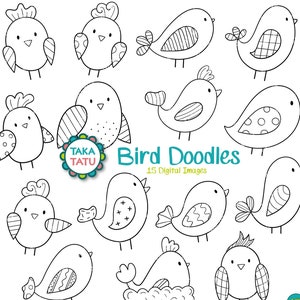 Bird Doodles Digital Stamp - Bird Clipart / Hand Drawn Birds / Line Art Birds / Coloring Page / Black and White / Cute Birds / Printable