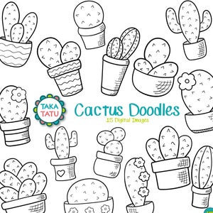 Sello digital de garabatos de cactus - Clipart de cactus / Clipart de jardín / Cactus dibujado a mano / Dibujado a mano imprimible / Arte de línea de cactus / Garabatos de plantas