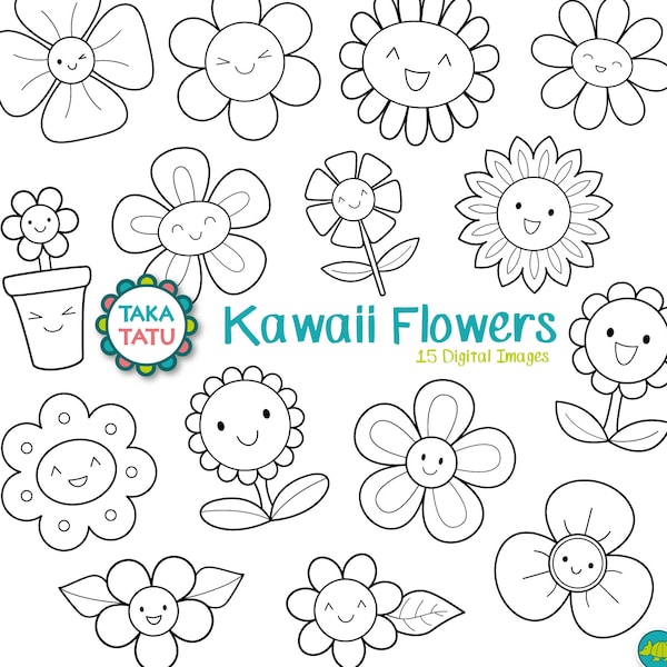 Kawaii Blumen digitaler Stempel - schwarz weiß Clipart / Kawaii Frühling Clip Art / süße Blumen Clip Art / Blume druckbar / Kawaii Clip Art