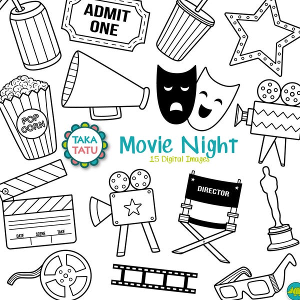 Movies Digital Stamp - Movies Clipart / Movie Night / Movie Clipart / Cinema / Hollywood / Theater / Popcorn / Film Clipart