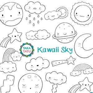 Carimbo digital Kawaii Sky - Clipart de céu / Doodles de tempo Kawaii / Arte de linha espacial Kawaii / Doodles de céu fofos / Selos de nuvens e arco-íris