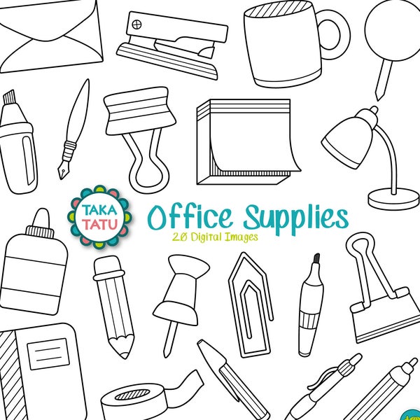 Office Supplies Digital Stamp - Office Supplies Clipart / Office Stationery Clipart / Classroom Clipart / Business Line Art / Pen / Pencil