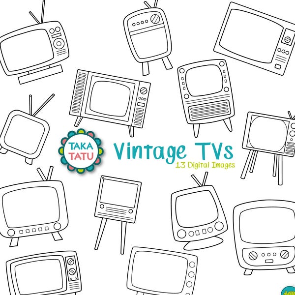 Vintage TV Digital Stamp Pack - Black and White Clipart / Retro / Television / Vintage Television / Line Art / Scrapbook - Instant Download