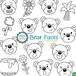 Bear Faces Digital Stamp Pack - Clipart noir et blanc / Expression Bears / Cute Clipart / Cute Bears / Printable Bear / Nursery / Kids
