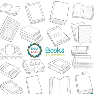 Clipart de Doodles de livro - Carimbo digital / Clipart de literatura / Clipart de leitura / Clipart de estudo / Doodles de leitura / Arte de literatura / Arte linear