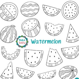 Clipart de sandía - Sello digital dibujado a mano / Garabatos de sandía / Sandía imprimible / Fiesta de sandía / Arte de línea de frutas / Arte de verano