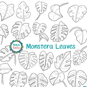 Monstera Leaves Clipart - Tropical Leaves Digital Stamp / Black and White Printable Line Art / Summer Leaves / Botanical Leaf Doodle Stamp