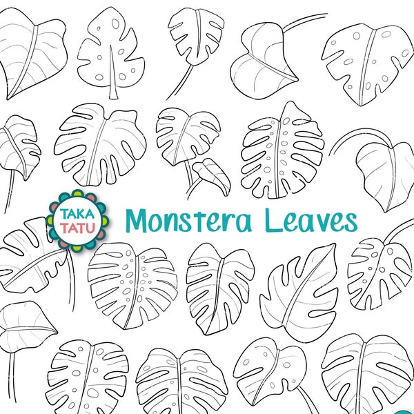 Monstera Leaves Clipart - Tropical Leaves Digital Stamp / Black and White Printable Line Art / Summer Leaves / Botanical Leaf Doodle Stamp