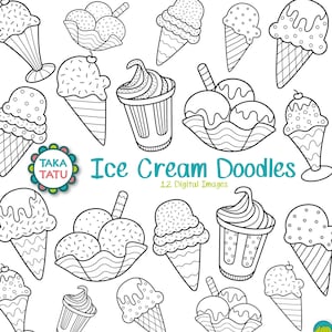 Ice Cream Doodles Digital Stamp - Ice Cream Clipart / Summer Clip Art / Sundae Line Art / Sundae Clip Art / Hand Drawn