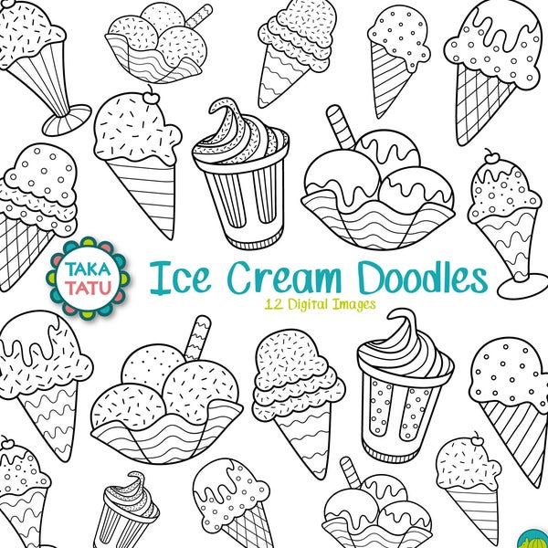 Ice Cream Doodles Digital Stamp - Ice Cream Clipart / Summer Clip Art / Sundae Line Art / Sundae Clip Art / Hand Drawn