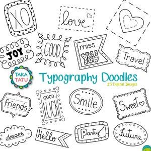 Typography Doodles Digital Stamp - Black and White Clipart / Typography Clipart / Hand Drawn / Handwriting / Words Clipart / Printable Words