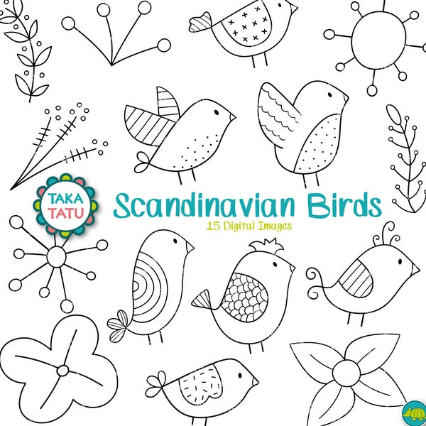 Scandinavian Birds Digital Stamp - Scandinavian Birds Clipart / Bird Doodles / Line Art / Black and White / Cute Birds / Flower / Plants