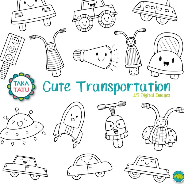 Cute Transportation Digital Stamp - Black and White Clip Art / Cars Clip Art / Vehicles Clip Art / Cars Digi Stamps / Instant Download