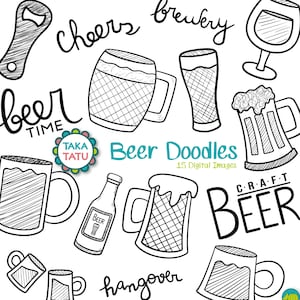 Bier doodles digitale stempel-bier doodles clip art/bier clipart/brouwerij/pub/bier fles/hand getekende afdrukbare/bier mok/line art