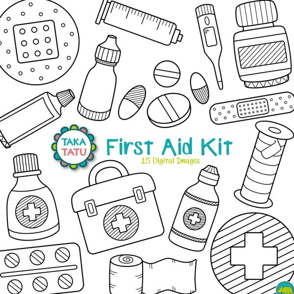 First Aid Kit Digital Stamp - First Aid Clipart / Medical Kit Clipart / Emergency Kit / Medicine / Pills / Band aid / Thermometer Clipart