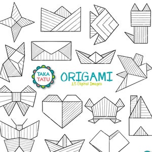 Origami Doodles Clipart - Timbre numérique d'art en ligne / Formes géométriques d'Origami / Papier Origami imprimables / Origami Clipart / Noir et blanc
