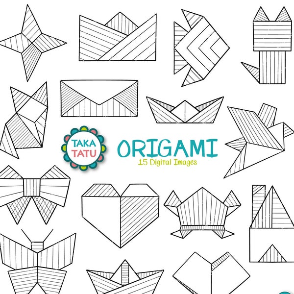 Origami Doodles Clipart - Line Art Digital Stempel / geometrische Origami Formen / Papier Origami Ausdrucke / Origami Clipart / schwarz und weiß