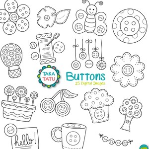 Op de afbeelding: Een set van 15 zwart-witte digitale afbeeldingen met verschillende ontwerpen met knopen. De ontwerpen omvatten een bloem, een kers, een cupcake, een boom, een mok, een vlinder, een spoel draad, een luchtballon, een bloempot, een krans en een briefje met het woord "hallo!"