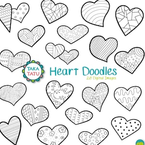 Heart Doodles Digital Stamp - Black and White Clipart / Doodle / Hand Drawn Clipart / Valentines Clipart/ Romance Clipart / Love Clip Art
