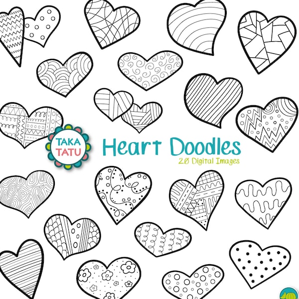 Heart Doodles Digital Stamp - Black and White Clipart / Doodle / Hand Drawn Clipart / Valentines Clipart/ Romance Clipart / Love Clip Art