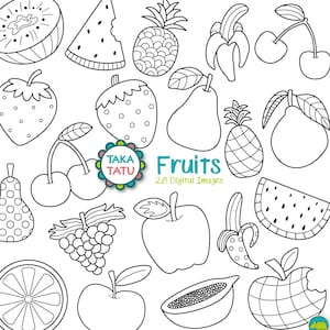 Pacote de selos digitais de frutas - Clipart preto e branco / Clipart de frutas / Clipart de comida saudável / Melancia / Maçã / Morango / Abacaxi