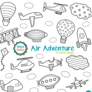 Op de afbeelding: Een set van 15 zwart-wit illustraties van verschillende luchtvaartuigen, waaronder vliegtuigen, helikopters, luchtballonnen, luchtschepen en een raket. De illustraties zijn in cartoon-stijl en perfect voor kleurplaten, knutselen of scrapbooking.