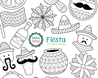 Fiesta Doodles Digital Stamp Pack - Black And White Clipart / Mexican / Mexico / Line Art / Mexican Party / Mustache / Mexico