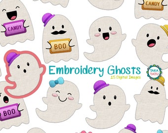 Embroidery Ghosts Clipart - Cute Ghosts For Halloween / Halloween Party for Kids / Kawaii Ghosts for Halloween Party / Instant Download