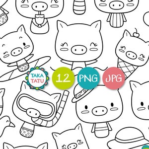 Summer Piglets Clipart - Cute Pigs Black and White Digital Stamps / Summer Vacation Doodles / Cute Stamps for Summer / Cute Piglets / Piggy