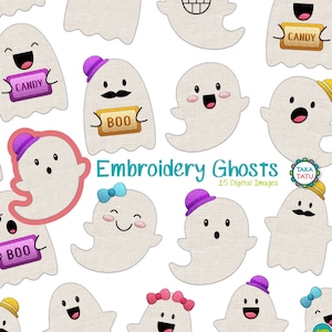 Embroidery Ghosts Clipart - Cute Ghosts For Halloween / Halloween Party for Kids / Kawaii Ghosts for Halloween Party / Instant Download