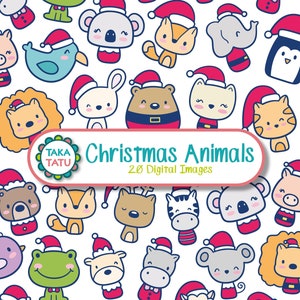 Cute Animals Christmas Clipart / Animali di Natale Kawaii disegnati a mano per le vacanze / Xmas Doodles Elementi stampabili per il download istantaneo
