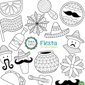 Fiesta Doodles Digital Stamp Pack - Clipart preto e branco / Mexicano / México / Arte linear / Festa Mexicana / Bigode / México