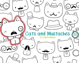 Cats and Mustaches Clipart - Cute Cat Black and White Printable Digital Stamp / Little Mister Moustache / Hipster Cat Character Illustration