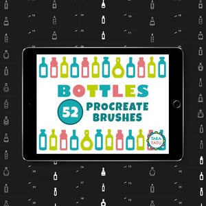 May include: A digital tablet screen displaying a set of 52 Procreate brushes for creating bottle illustrations. The brushes are arranged in rows and feature various bottle shapes and colors. The text "BOTTLES" and "52 PROCREATE BRUSHES" is displayed on the screen. The screen is surrounded by a black frame.