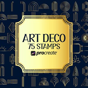 Könnte beinhalten: Ein goldener Rahmen mit dem Text "ART DECO 75 STAMPS" und dem Procreate-Logo. Der Rahmen ist von einem Muster aus goldenen geometrischen Formen auf dunkelblauem Hintergrund umgeben.