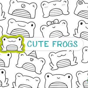 Mignon grenouilles timbre numérique - noir et blanc Kawaii grenouilles imprimable Line Art / mignon Animal PNG Clipart / Simple grenouille numérique Line Art