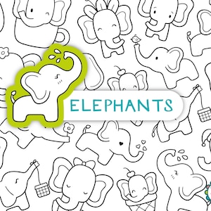 Niedliche Elefanten Handgezeichnete Schwarzweiß Linie Digitales Stempel Pack - Elefant Clipart / Niedliche Handgezeichnete Elefanten Doodles - Instant Download