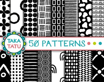 50 Black and White Painted Digital Paper Patterns / Black and White Modern Background / Printable Wallpaper / Seamless Painted Patterns