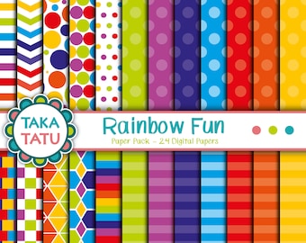 Rainbow Fun Digital Paper Pack - Rainbow Colors / Colorful Background / Bright Colors / Printable Scrapbook Paper / Stripes / Polka Dots