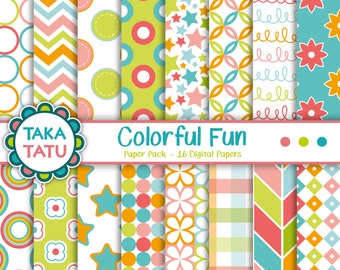 Colorful Fun Digital Paper Pack - Colorful Background / Printable Background / Colorful Patterns / Geometric Patterns - Instant Download